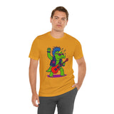 Mustard yellow men’s t-shirt with colorful punk triceratops electric guitar front graphic