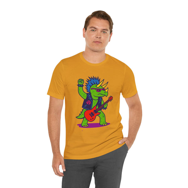 Mustard yellow men’s t-shirt with colorful punk triceratops electric guitar front graphic