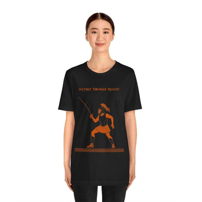 Ares Fencing Saber T-Shirt – “Victory Through Velocity” Greek Mythology Tee