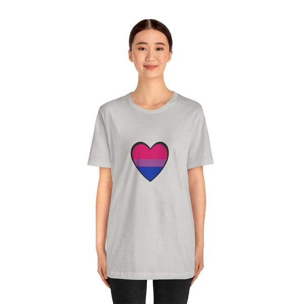 Light gray crew-neck T-shirt with bisexual pride heart graphic