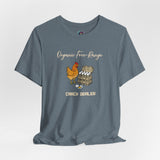 Heather blue short-sleeve T-shirt with chicken and egg graphic, crew neck
