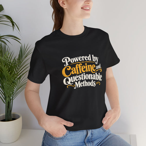 Black crewneck T-shirt with caffeine methods graphic on front