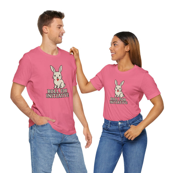 Pair of people wearing pink T-shirts with bunny graphic and “Roll for Initiative”