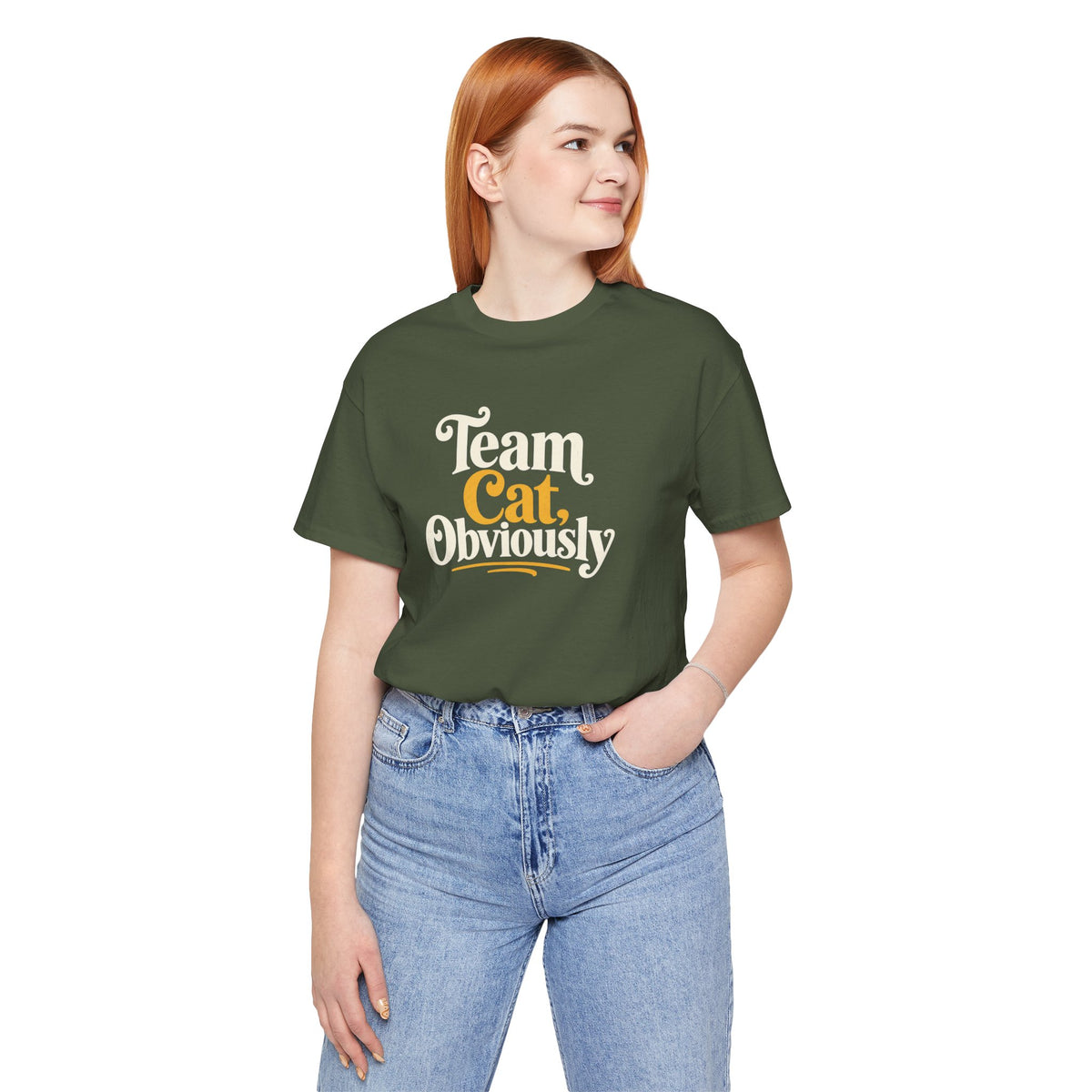 Olive green crewneck t-shirt with 'Team Cat, Obviously' front graphic, side view