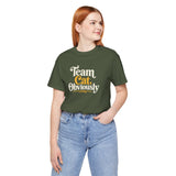 Olive green crewneck t-shirt with 'Team Cat, Obviously' front graphic, side view