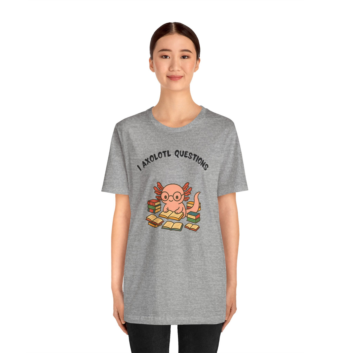 Heather gray crew t-shirt with axolotl reading books graphic and “I Axolotl Questions”