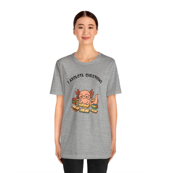 Heather gray crew t-shirt with axolotl reading books graphic and “I Axolotl Questions”