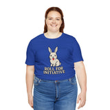 Blue crewneck T-shirt with bunny and “Roll for Initiative” front graphic