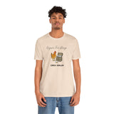 Light beige chicken and egg-crate graphic T-shirt with 'Organic free-Range' and 'CRACK DEALER'