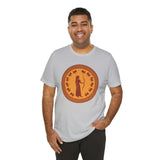 Heather gray crewneck T-shirt with orange round myth figure graphic, relaxed fit