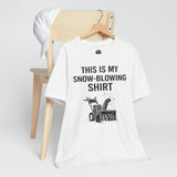 White T-shirt with snow-blowing graphic and bold front lettering