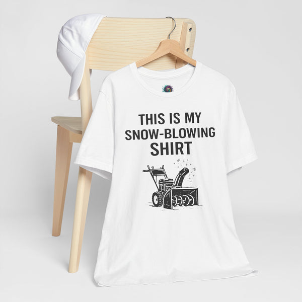 White T-shirt with snow-blowing graphic and bold front lettering