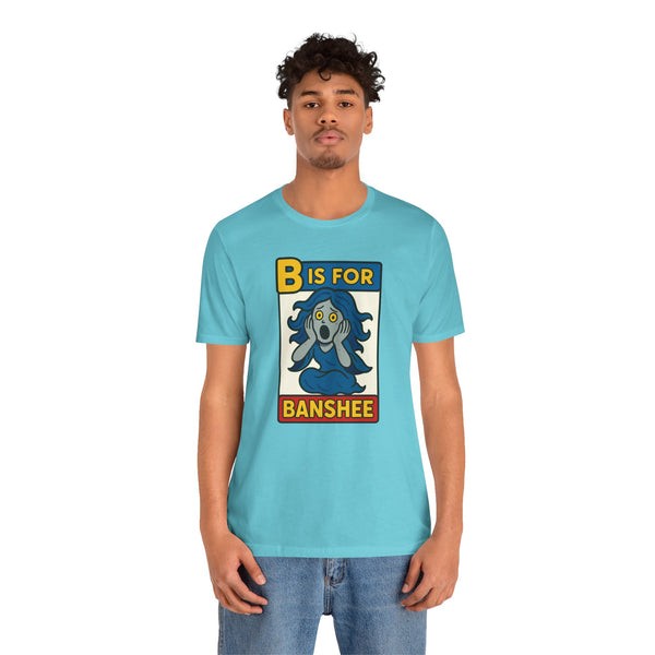 Turquoise crew-neck T-shirt with front B is for Banshee graphic, short sleeves