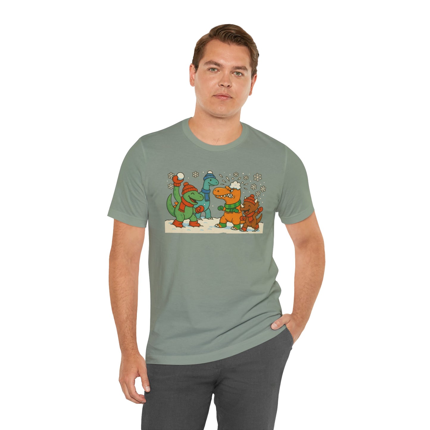 Dinosaur Snowball Fight T-Shirt – Funny Winter Dino Graphic Tee
