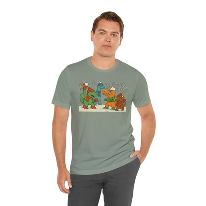 Dinosaur Snowball Fight T-Shirt – Funny Winter Dino Graphic Tee
