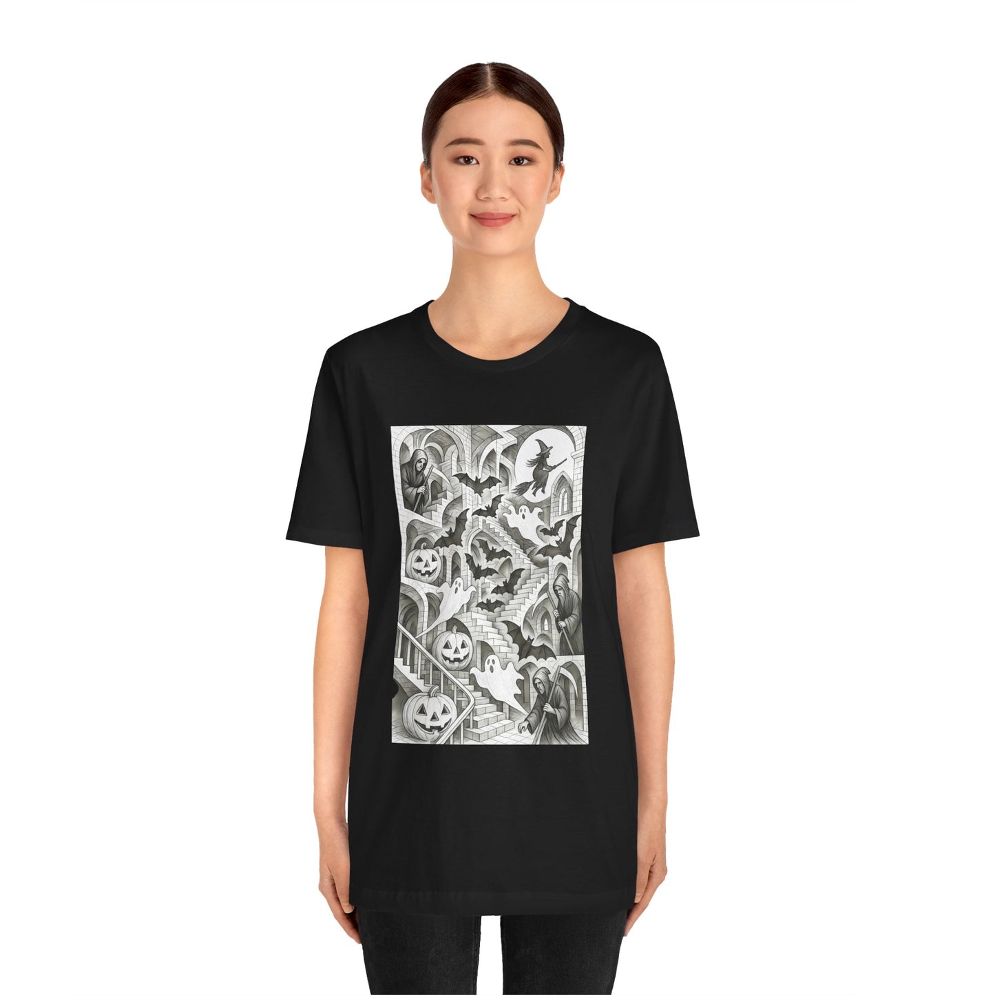 Haunted Hallways T-Shirt – Escher-Inspired Halloween Graphic Tee
