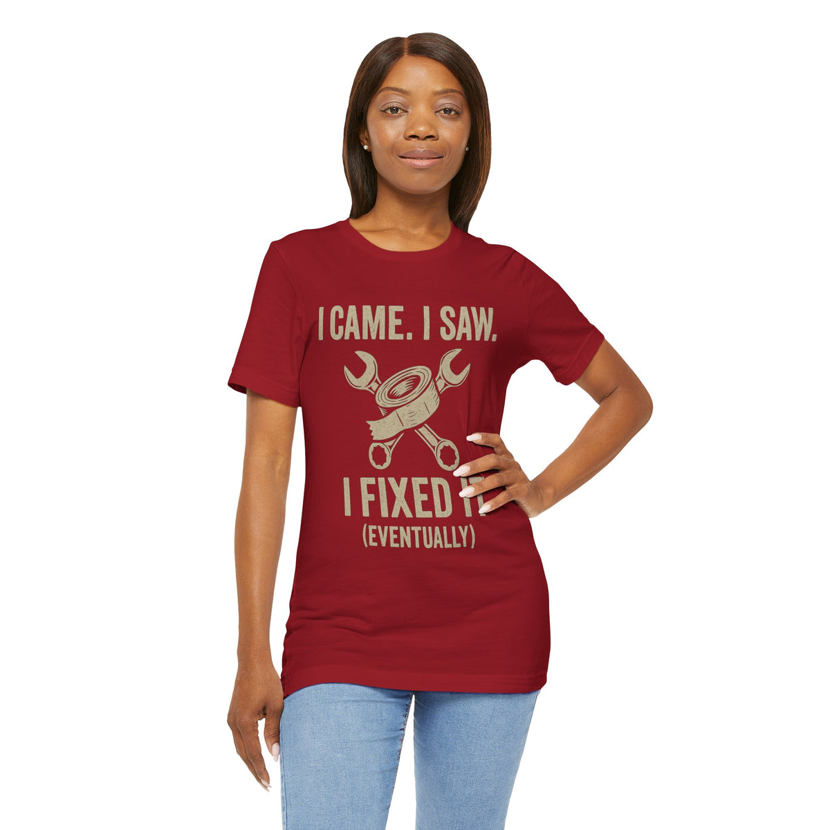 Maroon crew-neck T-shirt with DIY tools print and “I Came I Saw I Fixed It (Eventually)”