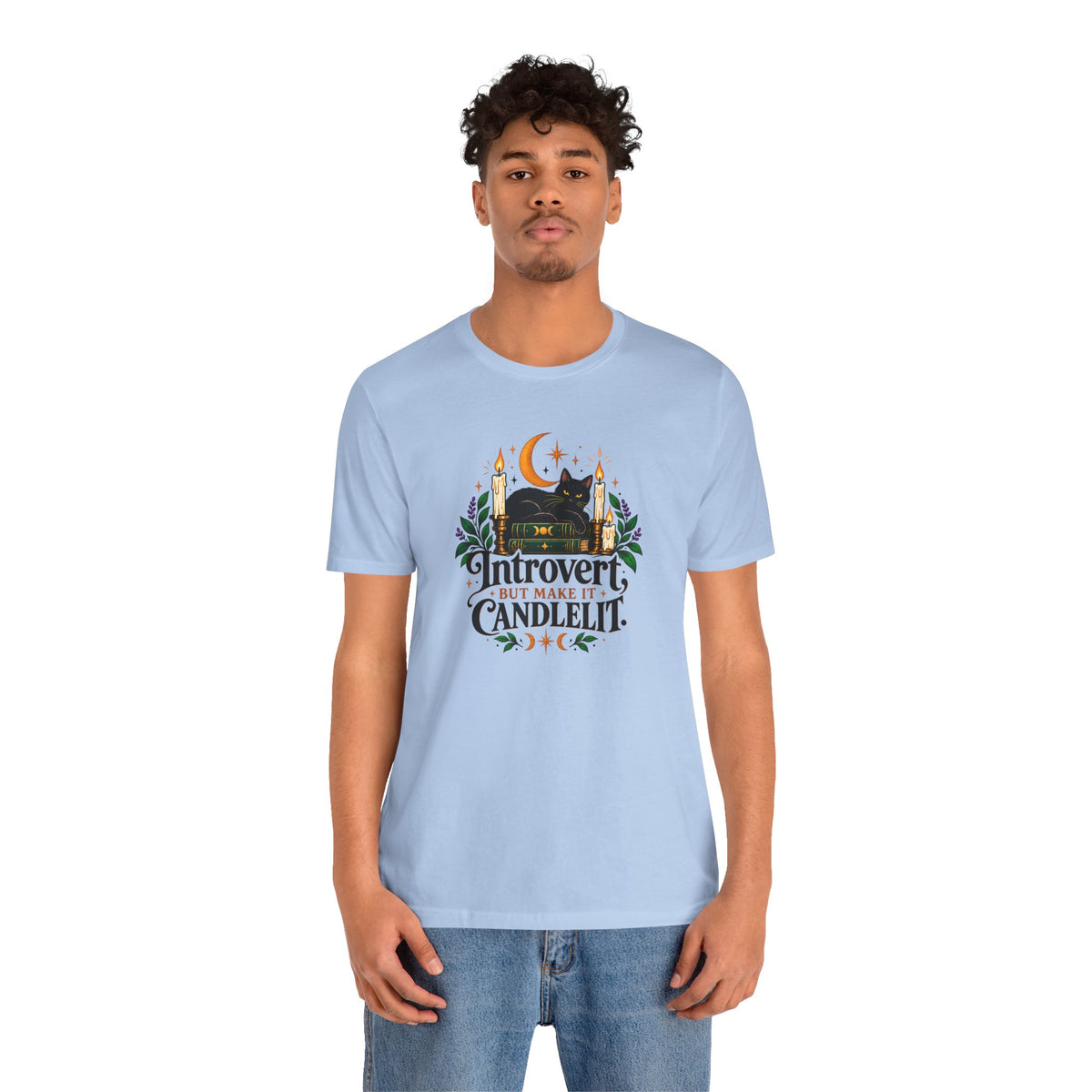 Introvert But Make It Candlelit T-shirt - Witchy Bookish Cat Tee
