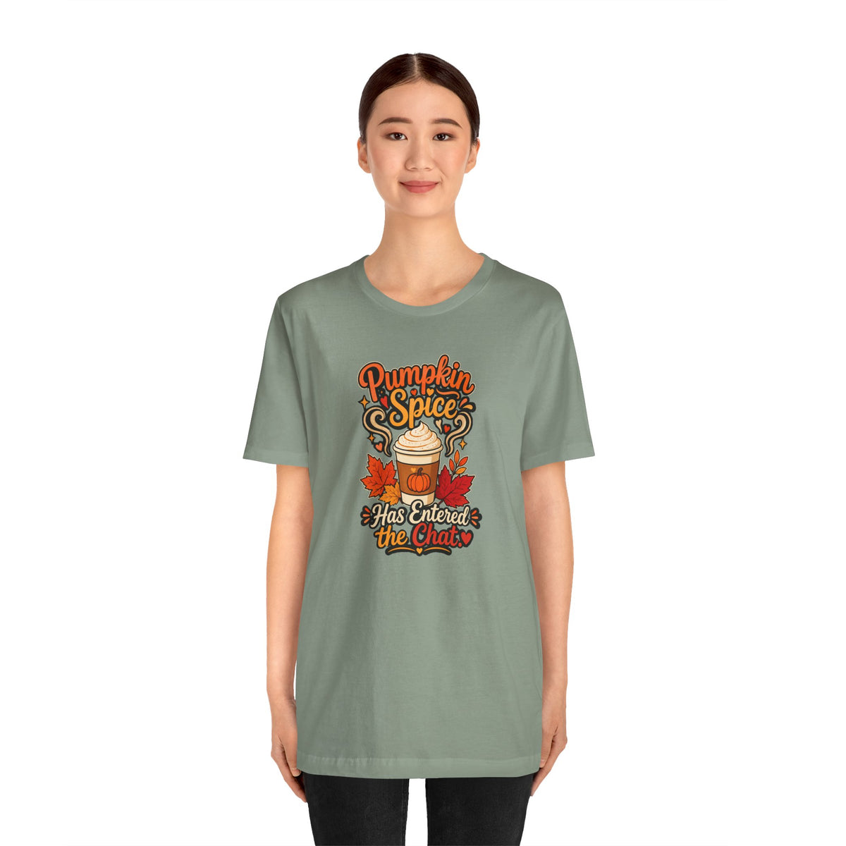 Sage green crew-neck short-sleeve T-shirt with pumpkin spice chat graphic