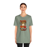 Sage green crew-neck short-sleeve T-shirt with pumpkin spice chat graphic