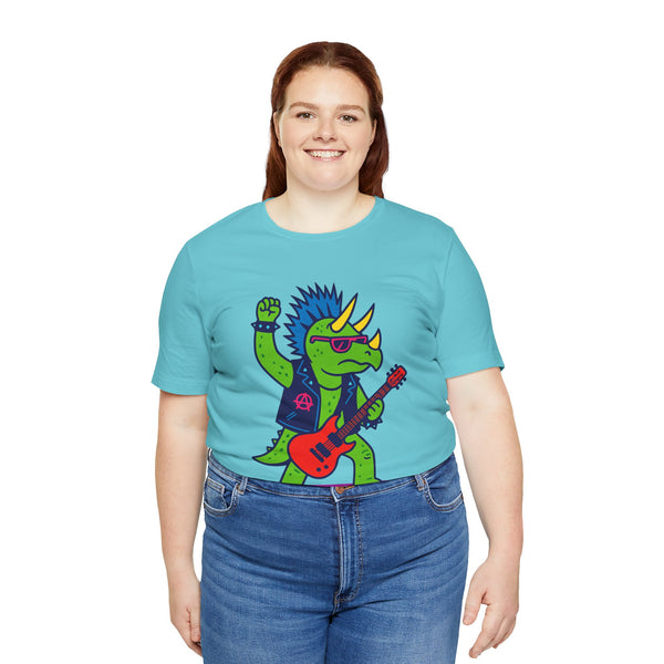 Turquoise crew-neck graphic t-shirt with punk triceratops playing red electric guitar