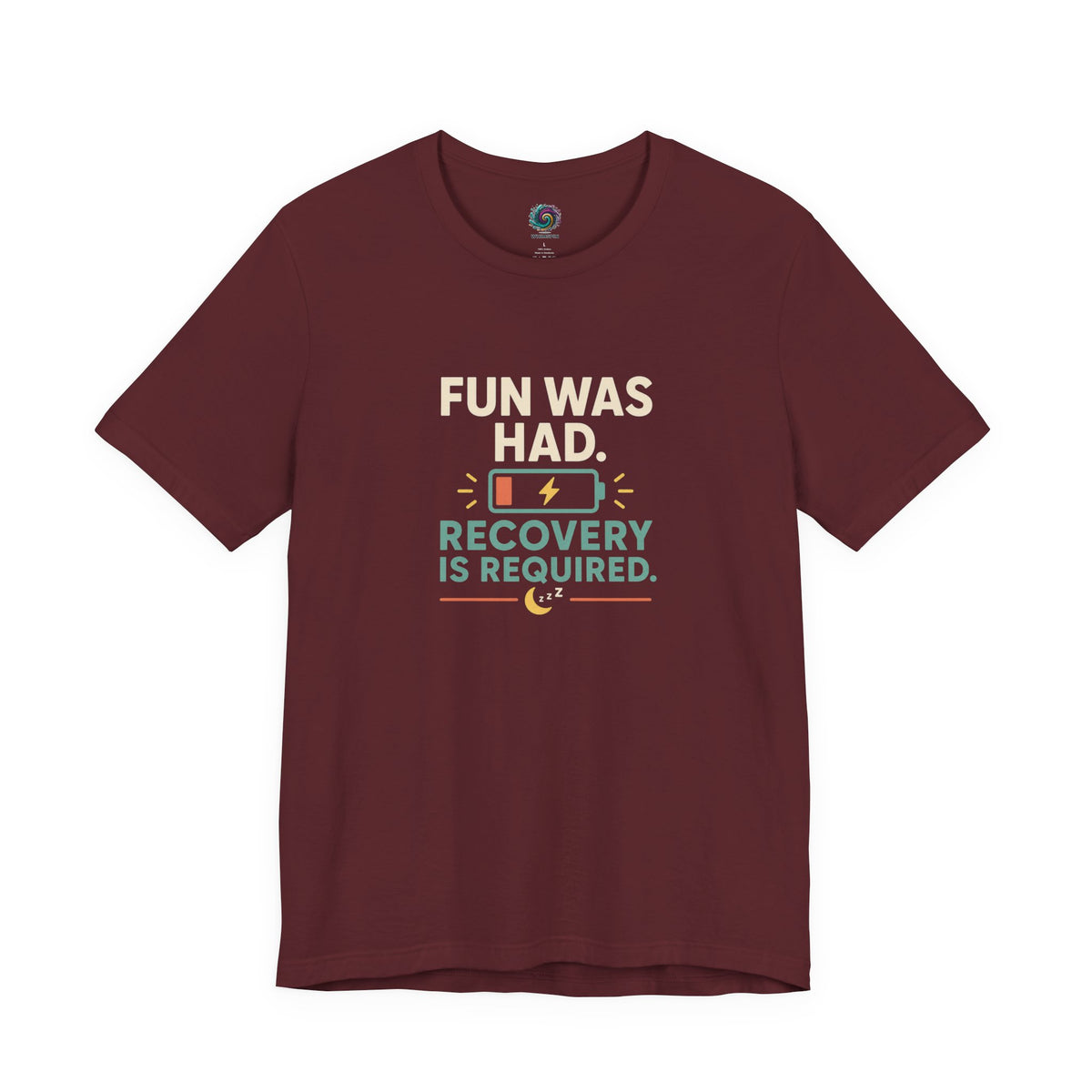 Maroon crew-neck T-shirt with "Recovery is required" lightning graphic on front