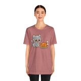 Rose pink crew-neck t-shirt featuring cat and turkey graphic illustration