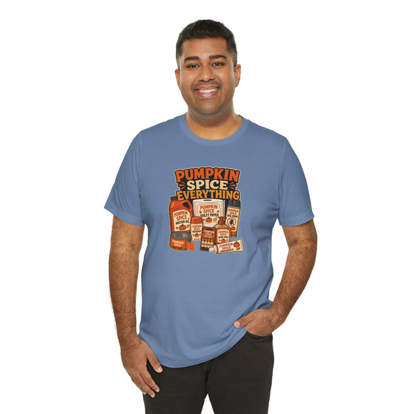 Blue short-sleeve T-shirt with “Pumpkin Spice Everything” graphic print at center front