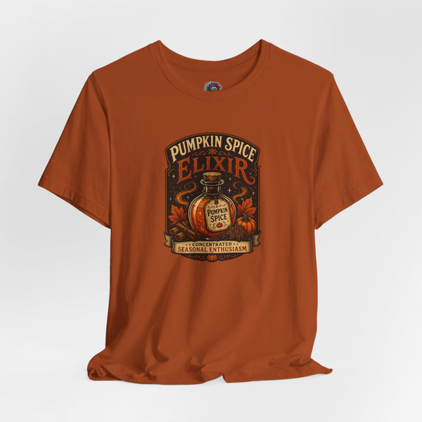 Rust orange crew-neck T-shirt with Pumpkin Spice Elixir chest graphic
