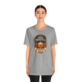Gray heather crew-neck T-shirt with pumpkin spice High Priestess logo graphic