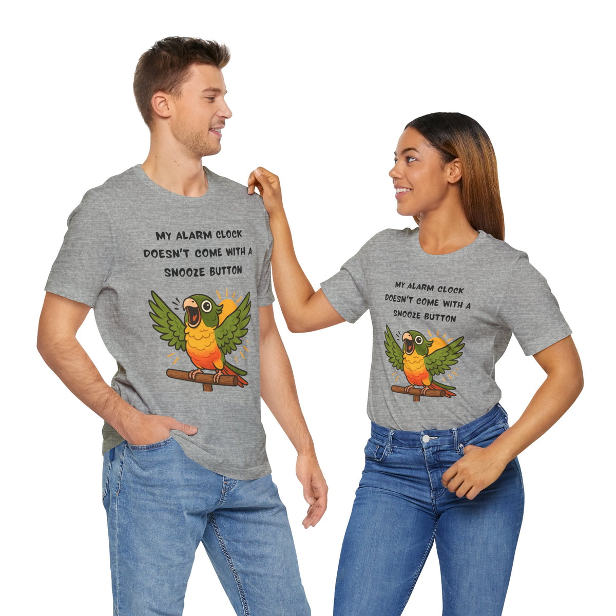 Heather gray parrot alarm T-shirt set on two models, matching front bird print