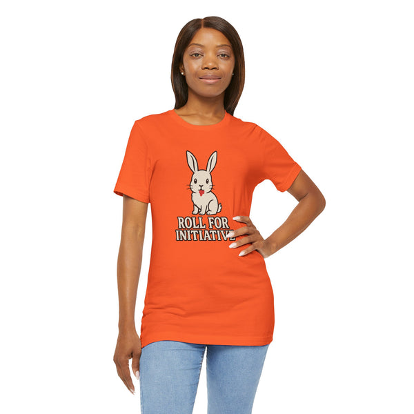 Orange crew-neck t-shirt with rabbit illustration and “Roll for Initiative” print