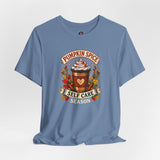 Steel blue crew-neck T-shirt with pumpkin spice self-care season graphic
