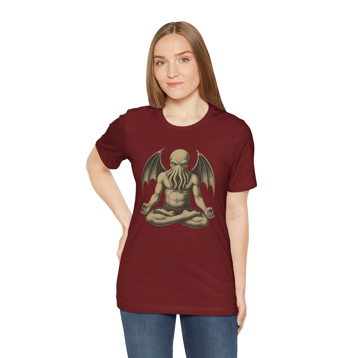 Unisex maroon crewneck T-shirt with meditating octopus-like creature graphic, front view