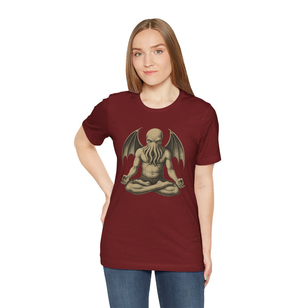 Unisex maroon crewneck T-shirt with meditating octopus-like creature graphic, front view