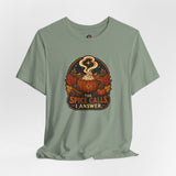 Sage green crewneck T-shirt with a large front pumpkin spice-themed graphic.