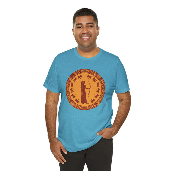 Sky blue crewneck T-shirt with large orange circular Greek-style goddess graphic, front view