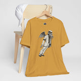 Mustard crew-neck short-sleeve T-shirt with black graphic print on front