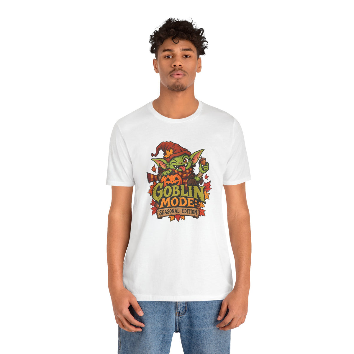 White crew-neck t-shirt with colorful goblin front graphic on a model