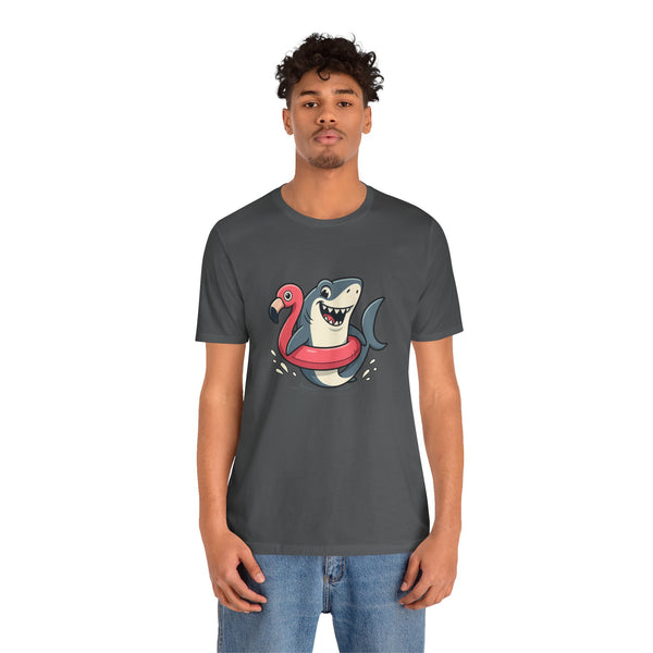 Charcoal gray graphic t-shirt with shark and pink flamingo floatie illustration