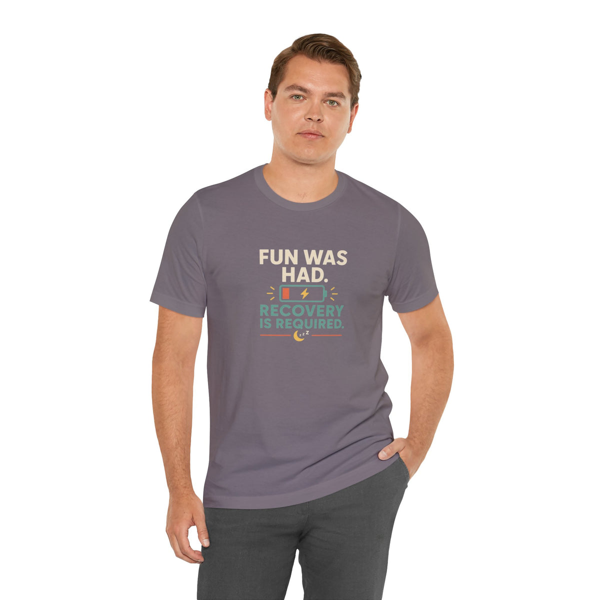 Gray crew-neck T-shirt with 'FUN WAS HAD' and 'RECOVERY IS REQUIRED' graphic front view.