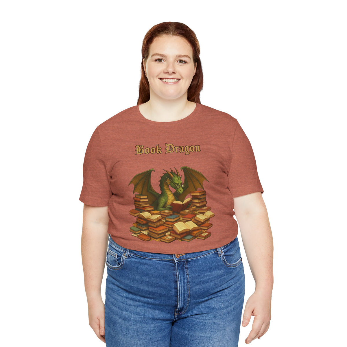 Rust brown crewneck t-shirt with Book Dragon text and dragon reading among books