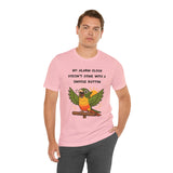Pink parrot alarm T-shirt on model, front print with conure and “My alarm clock” text