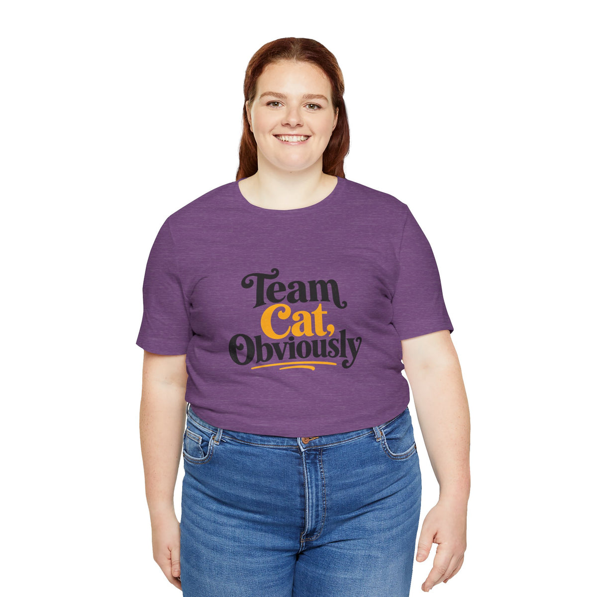 Purple crew neck T-shirt with 'Team Cat, Obviously' slogan graphic.