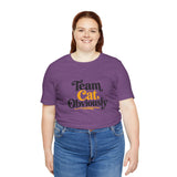 Purple crew neck T-shirt with 'Team Cat, Obviously' slogan graphic.
