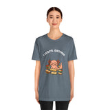 Heather blue-gray crew-neck T-shirt with axolotl reading-book graphic and slogan across the chest.