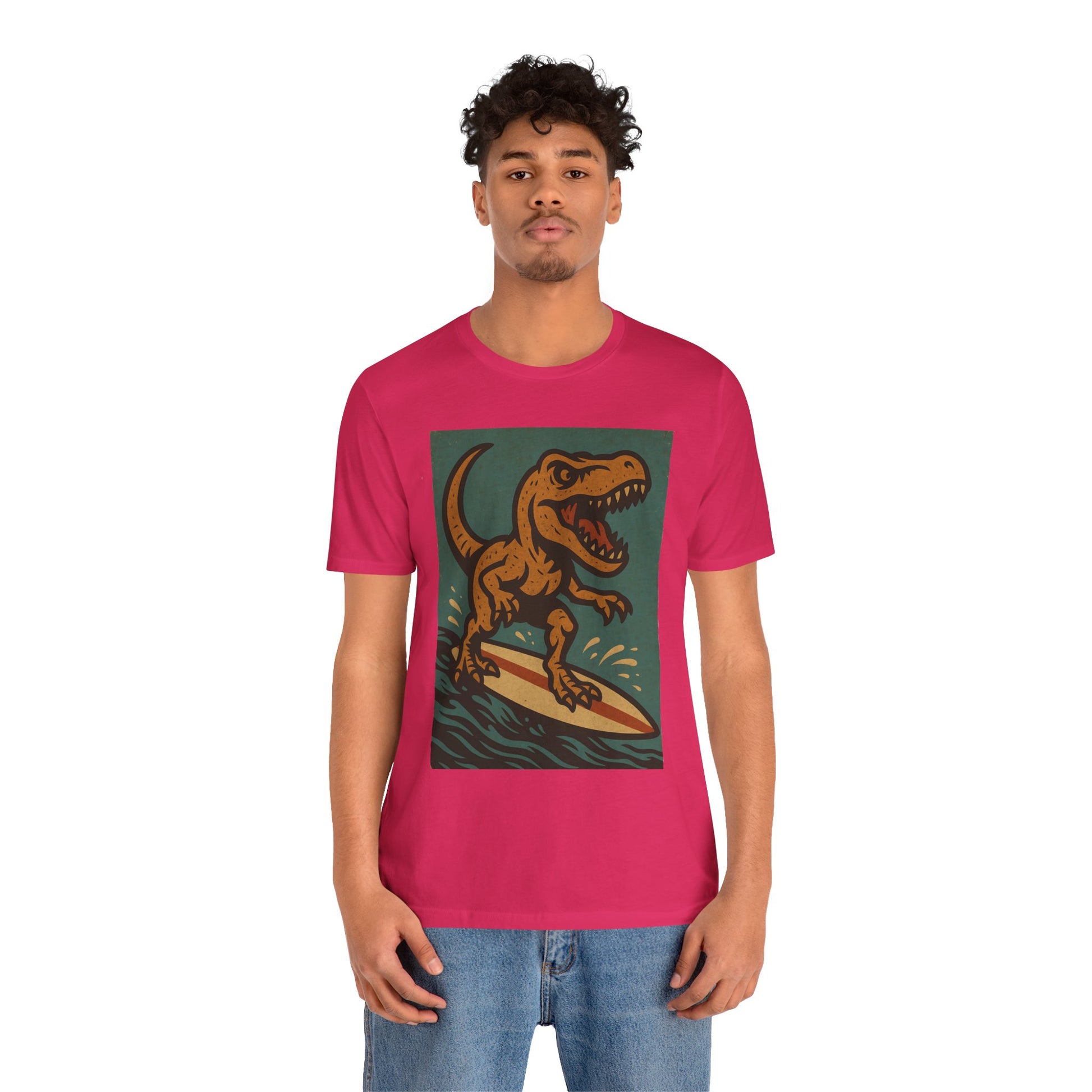 Surfing T-Rex T-Shirt – Funny Dinosaur Graphic Tee for Summer Vibes - WhimSpin - https://whimspin.com