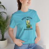 Blue graphic T-shirt with “SOCIAL BATTERY” and “GARDEN MODE” garden text and plants