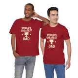 Red T-shirts worn by two men, featuring the “World’s Greatest Dad” trophy graphic