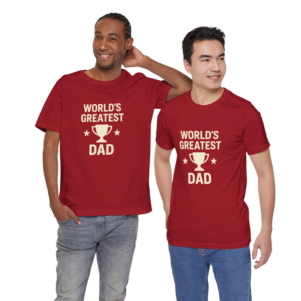Red T-shirts worn by two men, featuring the “World’s Greatest Dad” trophy graphic